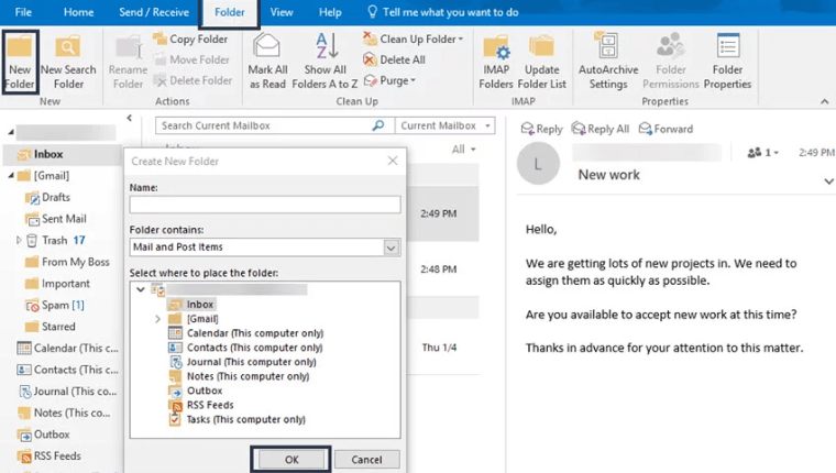 tạo thư mục trong Outlook 2