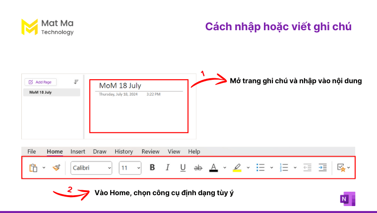 viết ghi chú mới trong OneNote