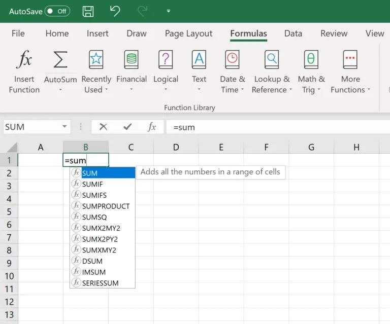 Excel tự động gợi ý hàm tính trong ô