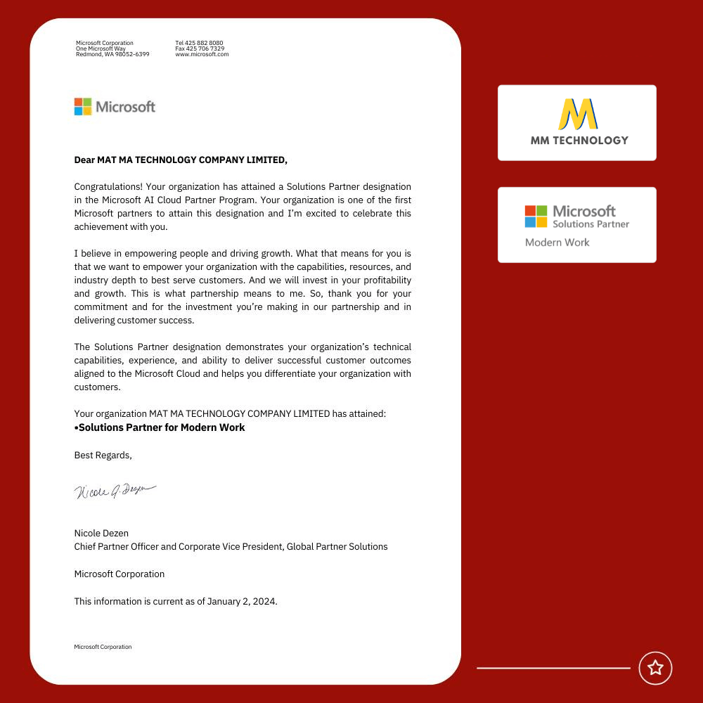 MM Technology đạt huy hiệu Microsoft Solutions Partner for Modern Work