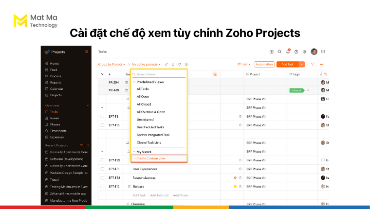 Chế độ xem tùy chỉnh trong Zoho Projects