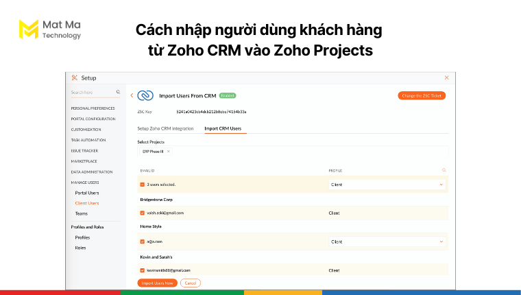 Cách nhập người dùng khách hàng từ Zoho CRM vào Zoho Projects