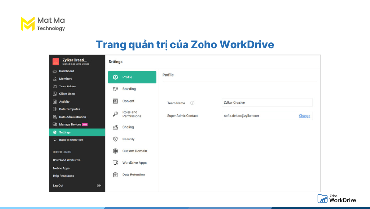 trang quản trị của Zoho WorkDrive