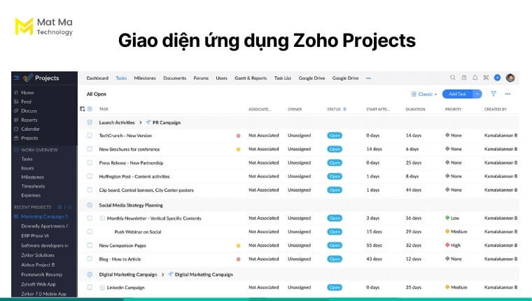 Giao diện ứng dụng Zoho Projects