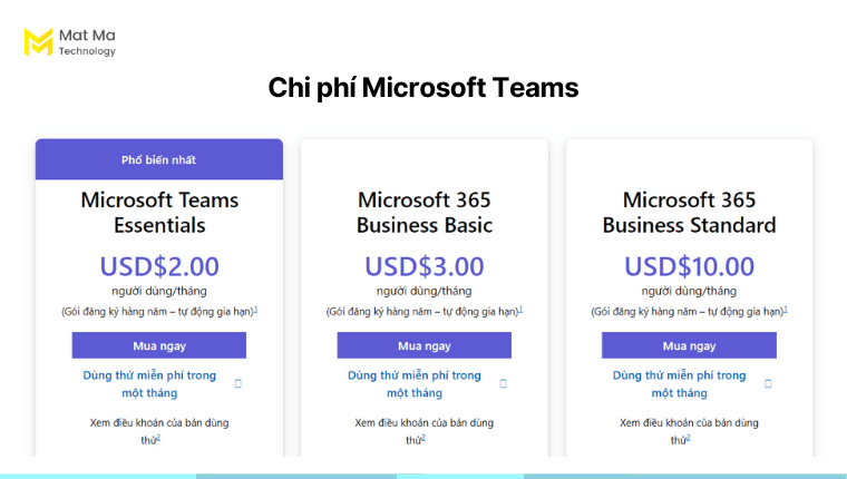 so sánh Zoom vs Google Meet vs Microsoft Teams: Chi phí Microsoft Teams