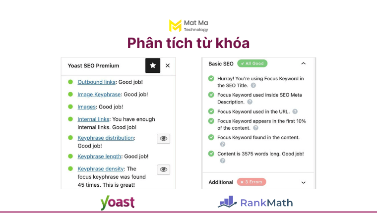 so sánh tính năng phân tích từ khóa của Yoast SEO và Rank Math