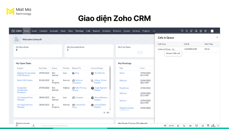 Giao diện phần mềm CRM của Zoho