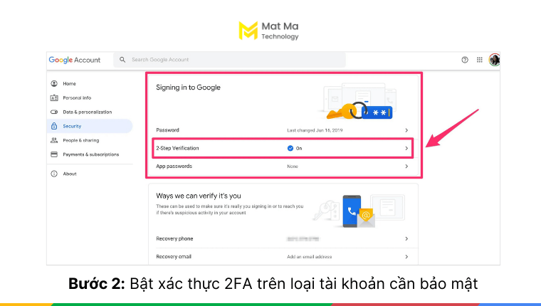 bật xác thực 2 yếu tố cho tài khoản Google