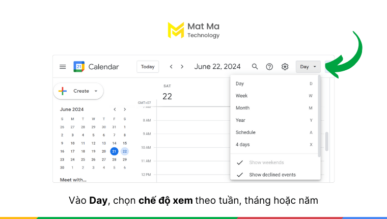 cách thay đổi chế độ xem trong Google Calendar