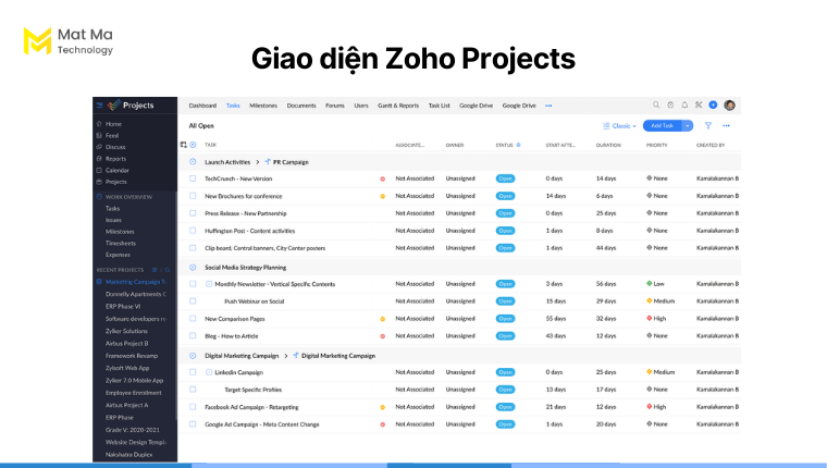 Giao diện Zoho Projects