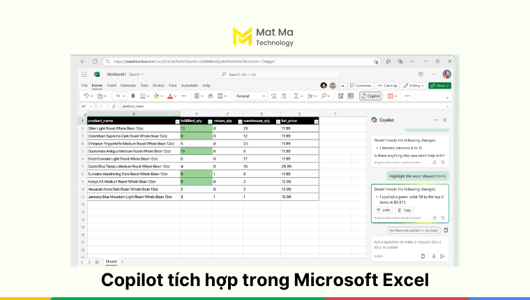 Copilot tích hợp trong Microsoft Excel