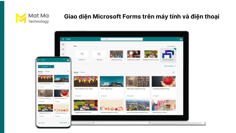 Giao diện Microsoft Forms trên máy tính và điện thoại