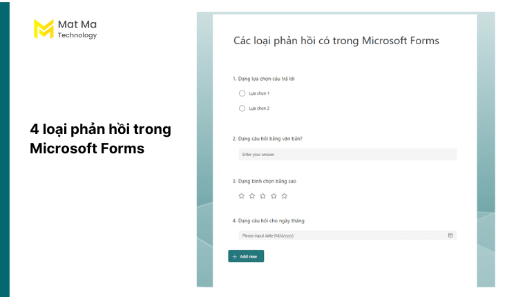 4 loại phản hồi trong Microsoft Form 365