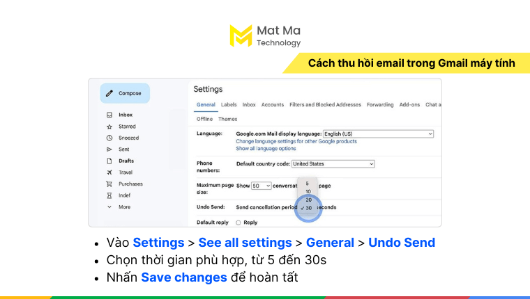 unsend trong Gmail máy tính