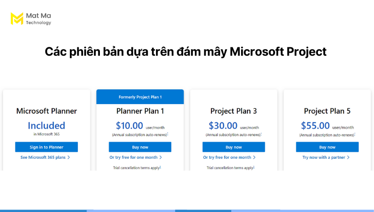 Các phiên bản dựa trên đám mây Microsoft Project 