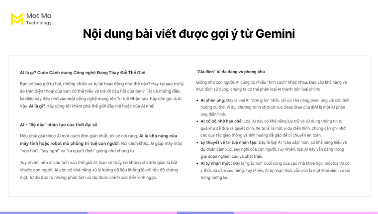 Gợi ý từ Gemini về việc tạo nội dung bài viết