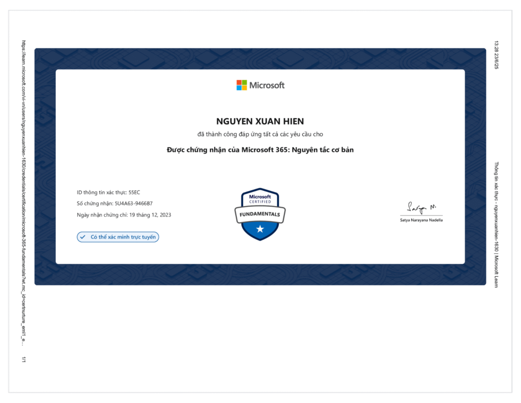 chứng chỉ hoàn thành Microsoft Fundamentals