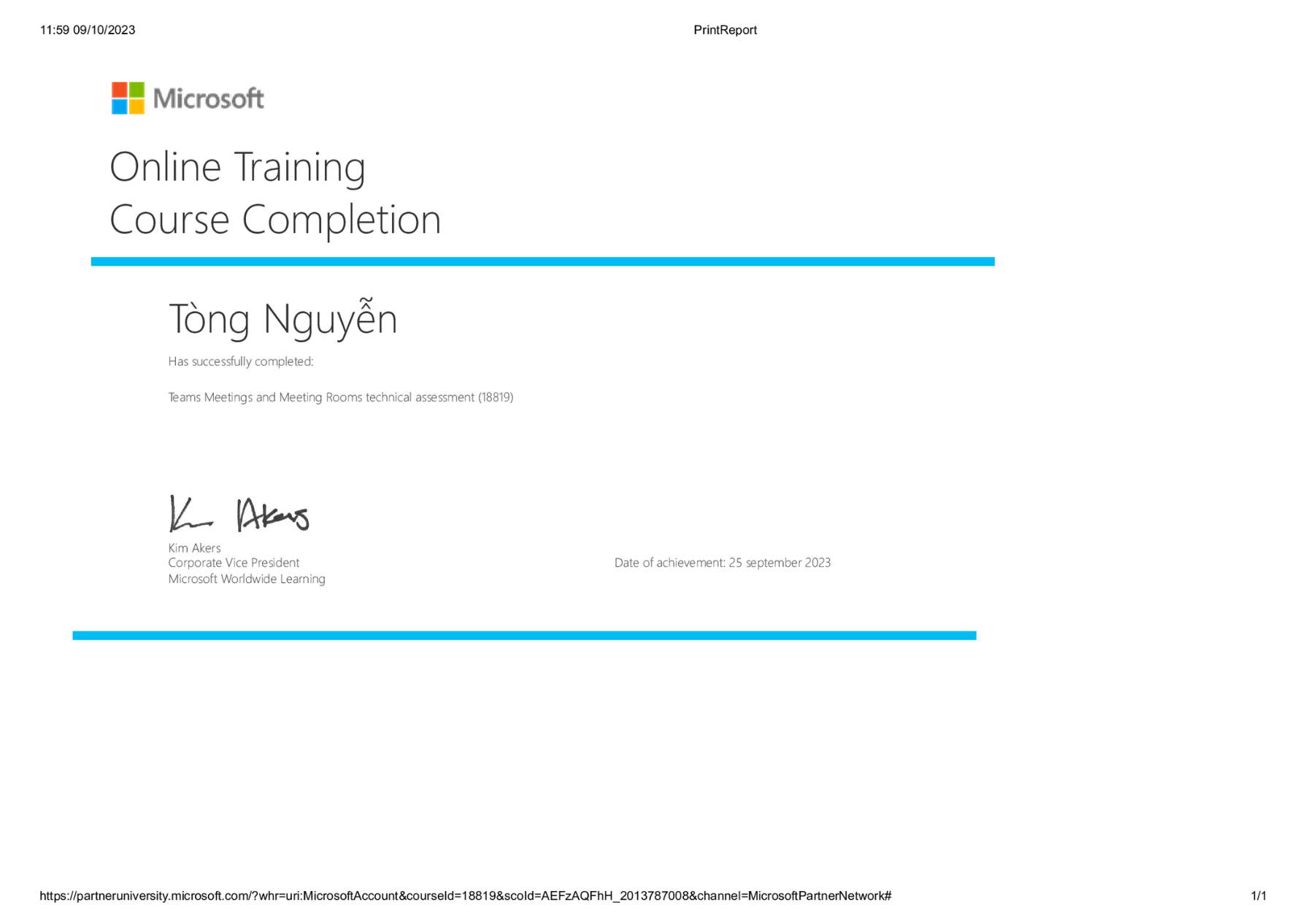 chứng chỉ Microsoft Online Training Course Completion