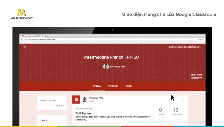 giao diện trang chủ của Google Classroom