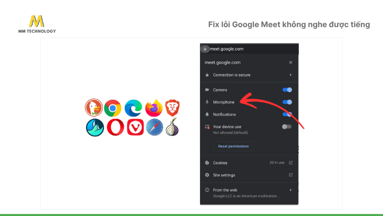 kiểm tra quyền truy cập âm thanh của trình duyệt khi Google Meet không nghe được tiếng
