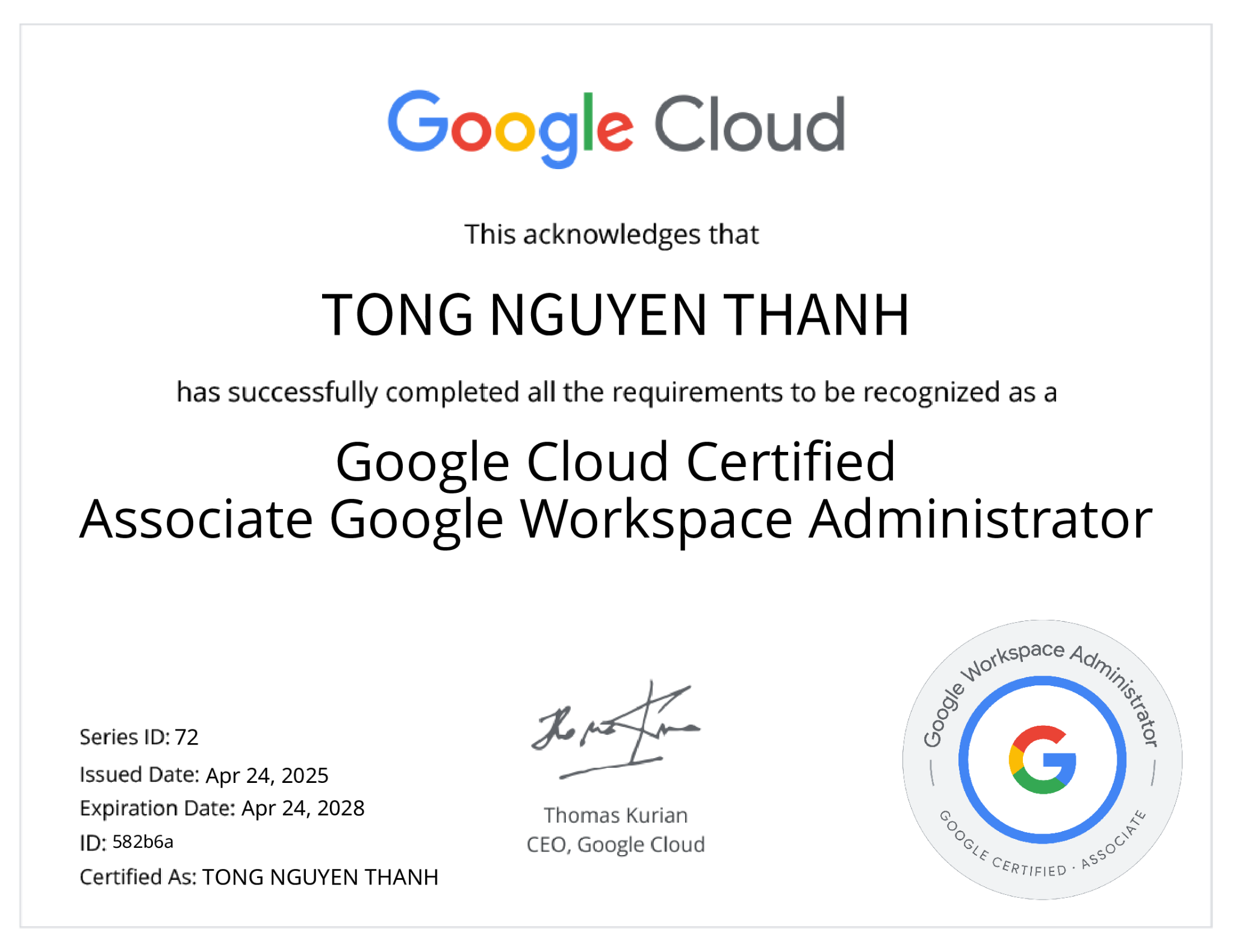 chứng chỉ google workspace cho admin
