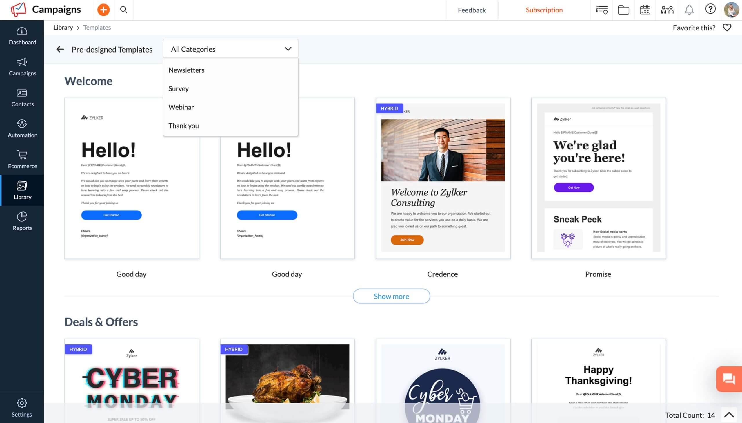 Mẫu email trong zoho campaigns