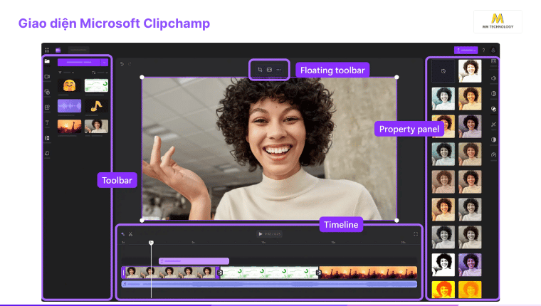 các thành phần chính trên giao diện Microsoft Clipchamp