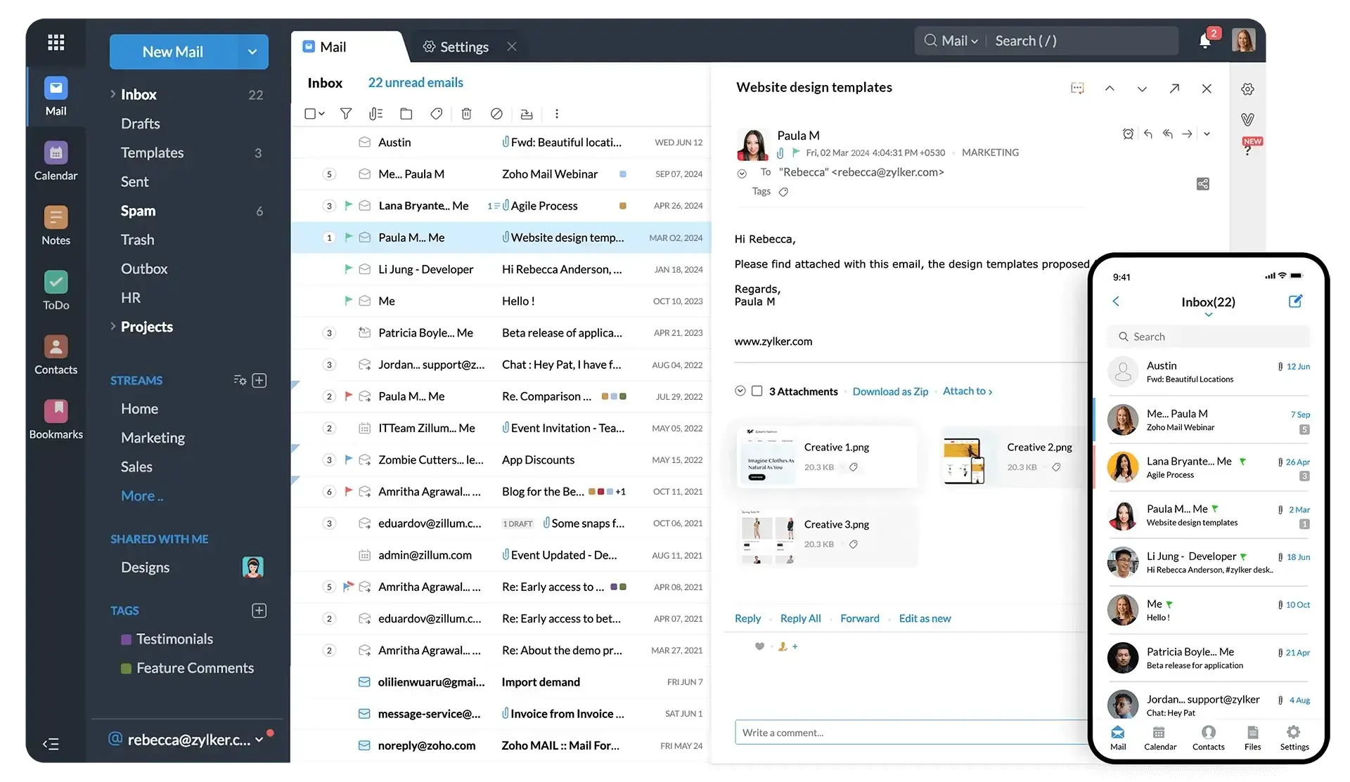 giao diện của Zoho mail tên miền doanh nghiệp