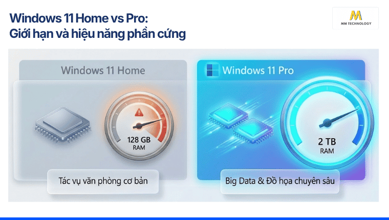 Khác biệt về giới hạn và hiệu năng phần cứng của Windows 11 Home vs Pro