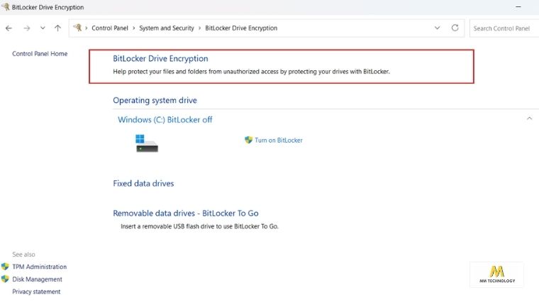 Mã hóa BitLocker trong Control Pannel