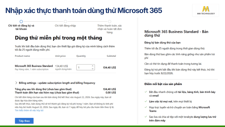 Nhập xác thực thanh toán dùng thử Microsoft 365 miễn phí