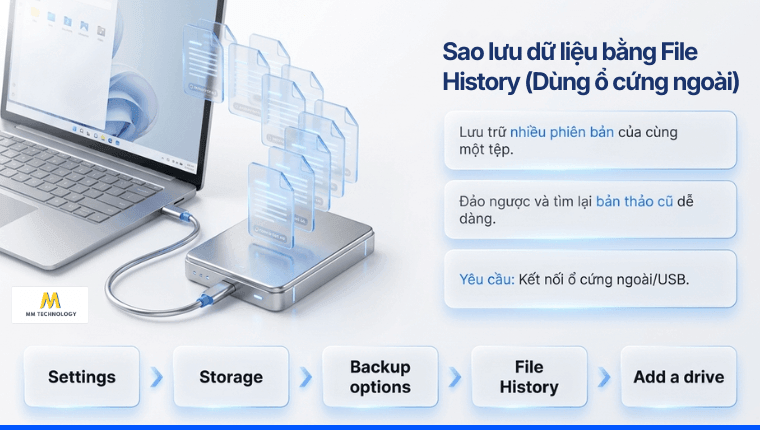 Sao lưu dữ liệu bằng File History (Dùng ổ cứng ngoài)