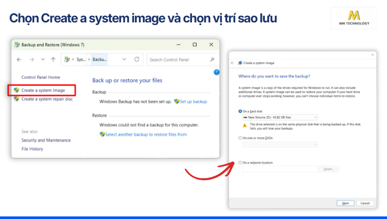 Chọn Create a system image và chọn vị trí sao lưu