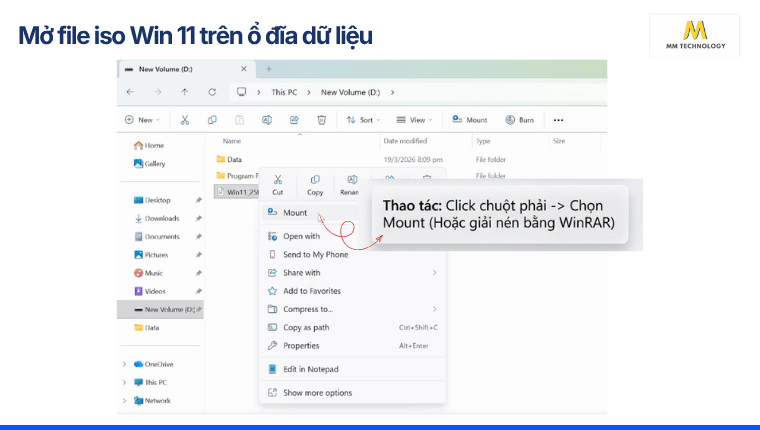 Mở file iso Win 11 trên ổ đĩa dữ liệu