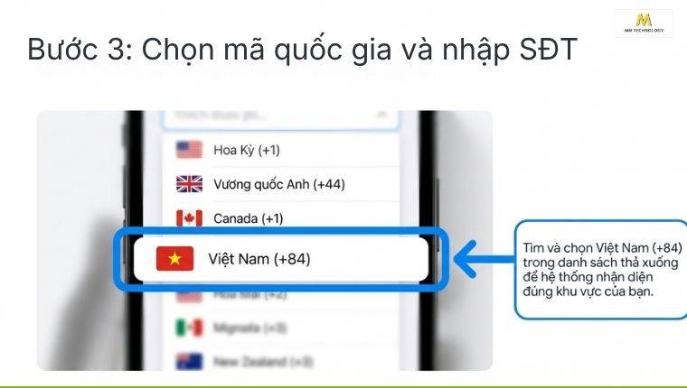 Chọn mã quốc gia và điền SĐT
