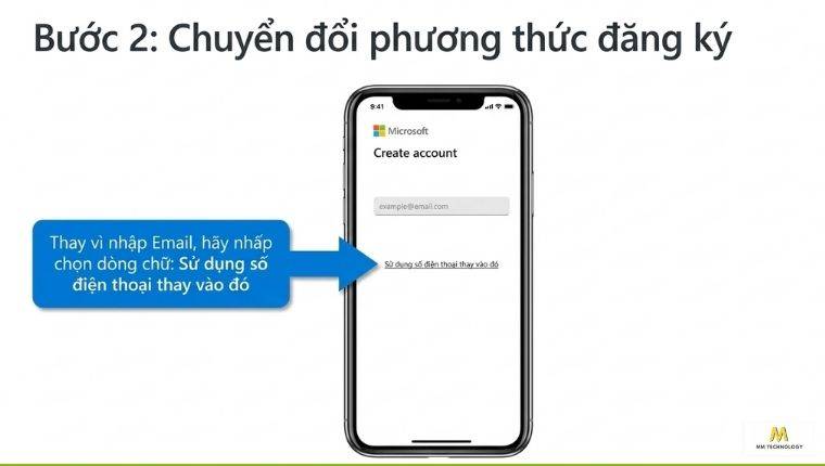 Nhập phương thức đăng ký tài khoản Microsoft bằng số điện thoại