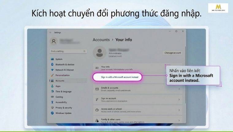 Tìm đến mục đăng nhập bằng tài khoản Microsoft